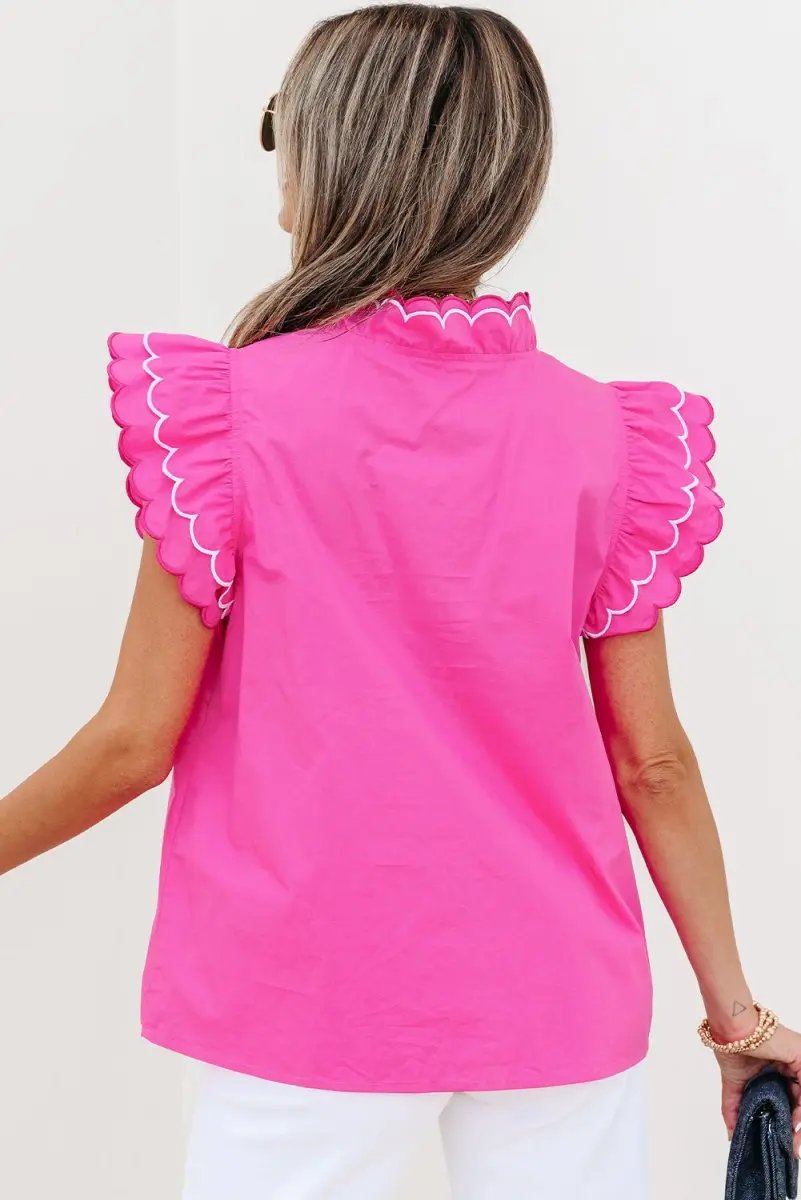 Bright Pink Contrast Scallop Trim Layered V Neck Blouse - Love Salve